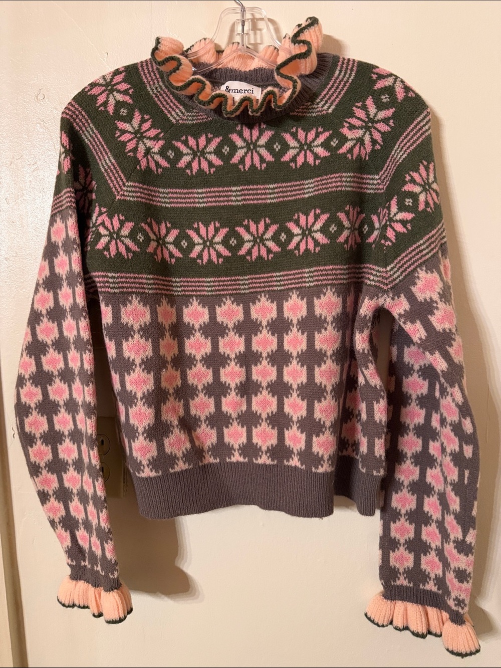 Ruffle-Neck Fair Isle Sweater in Pink & Green